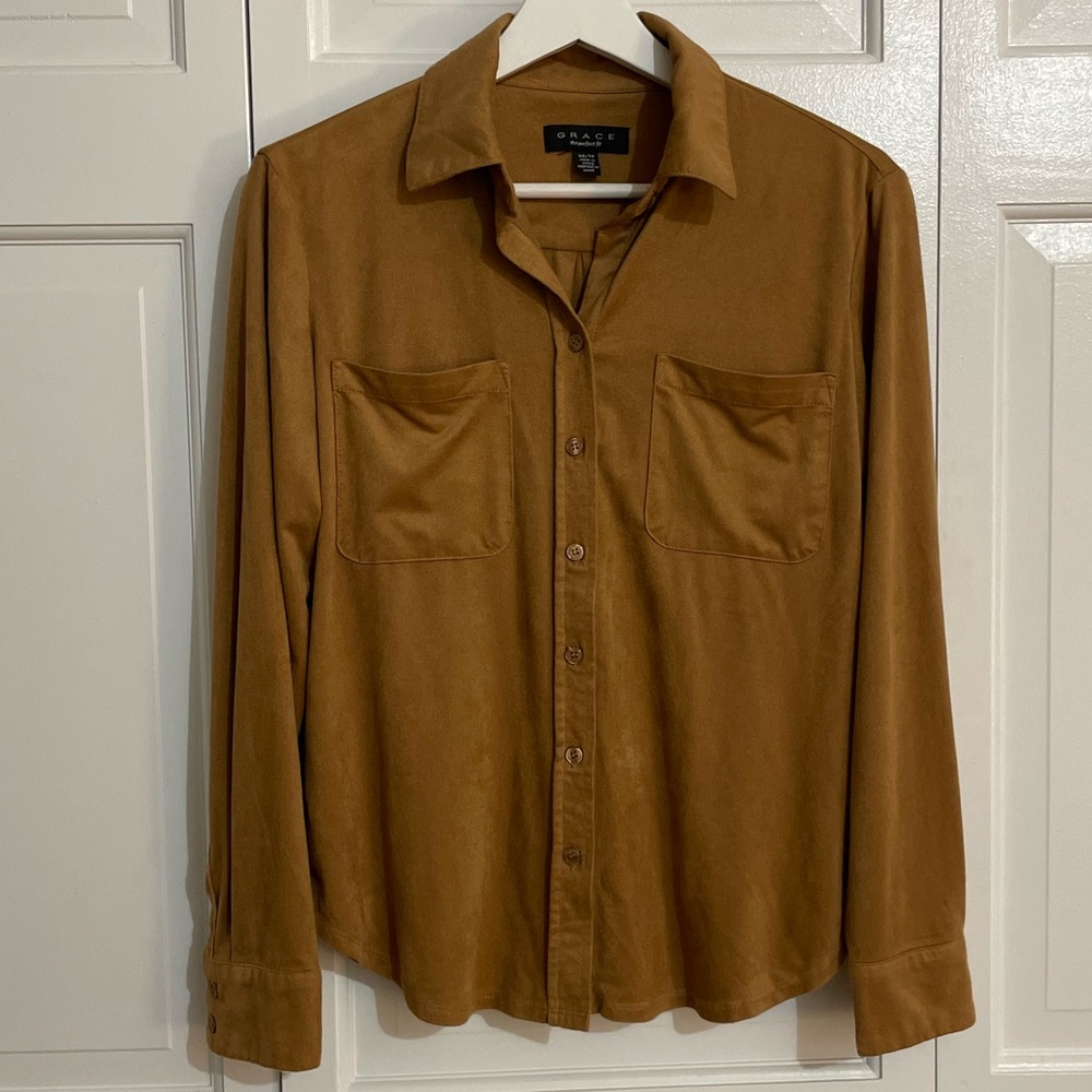 Grace Tan Suede Button Down Collared Shirt